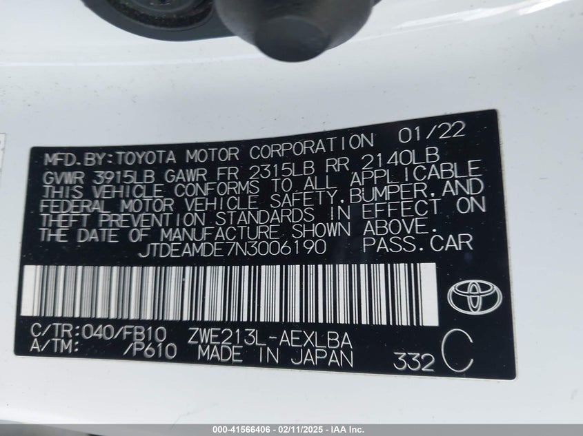 2022 TOYOTA COROLLA VIN: JTDEAMDE7N3006190