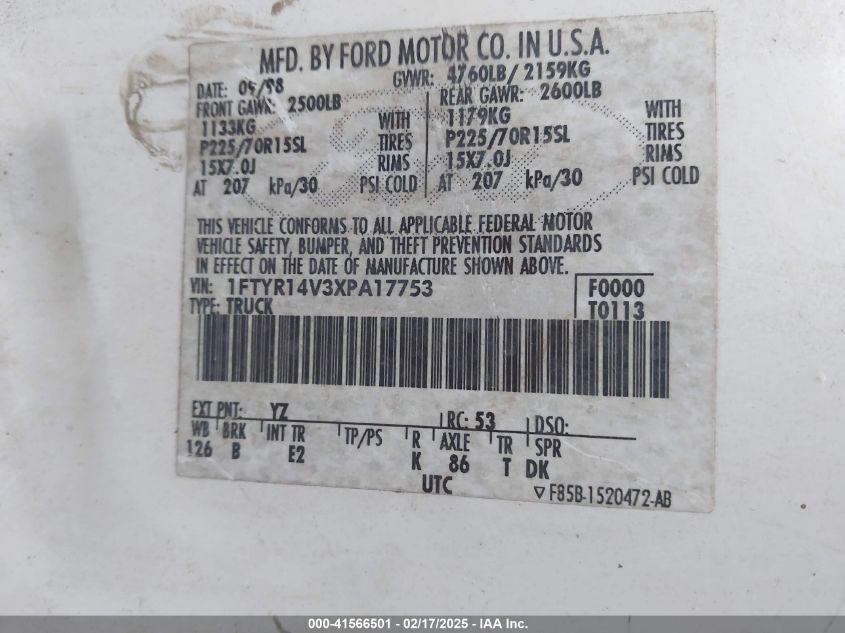 1999 Ford Ranger VIN: 1FTYR14Z3XTA17753 Lot: 41566501