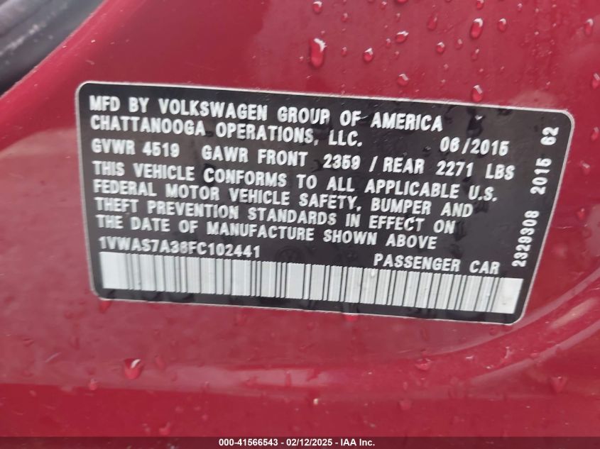 2015 Volkswagen Passat 1.8T Limited Edition VIN: 1VWAS7A36FC102441 Lot: 41566543