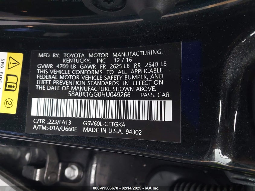 2017 LEXUS ES 350 VIN: 58ABK1GG0HU049266