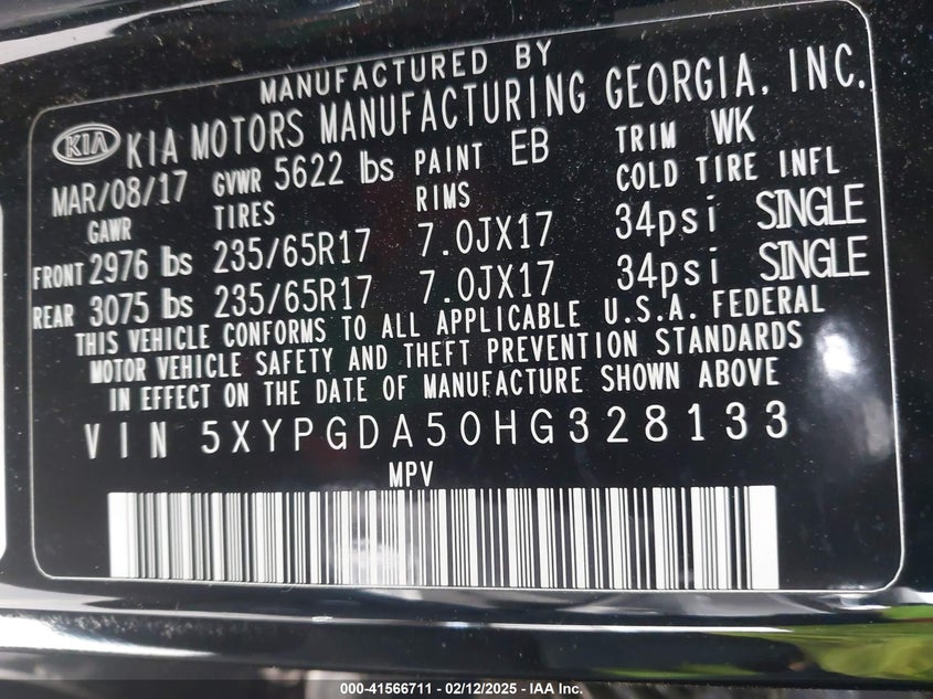 2017 Kia Sorento 3.3L Lx VIN: 5XYPGDA50HG328133 Lot: 41566711