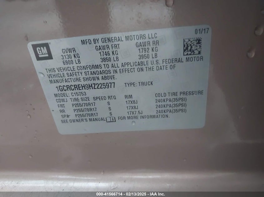 2017 CHEVROLET SILVERADO 1500 VIN: 1GCRCREH9HZ225977