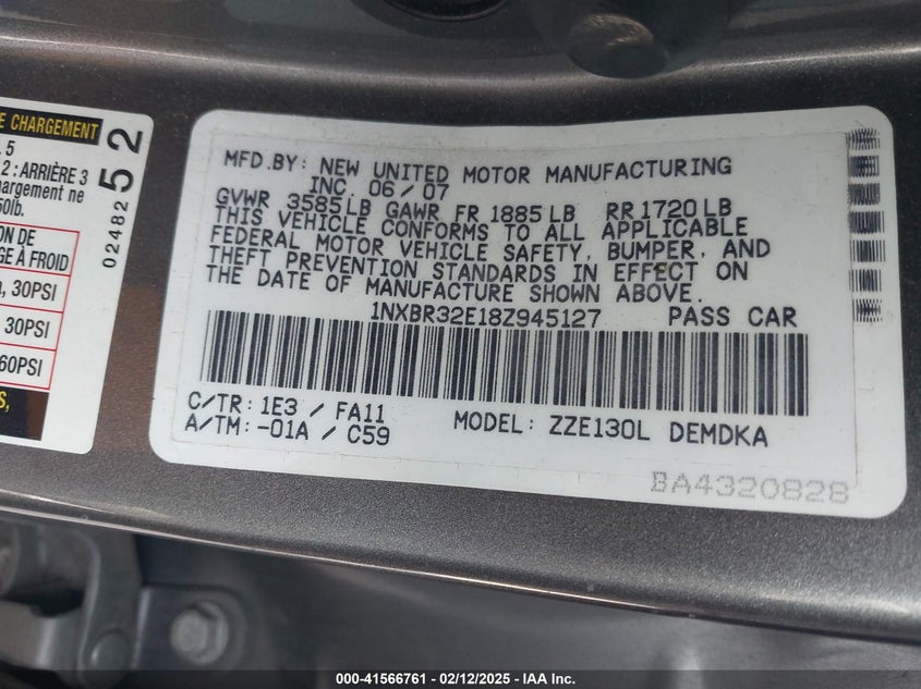 2008 TOYOTA COROLLA VIN: 1NXBR32E18Z945127