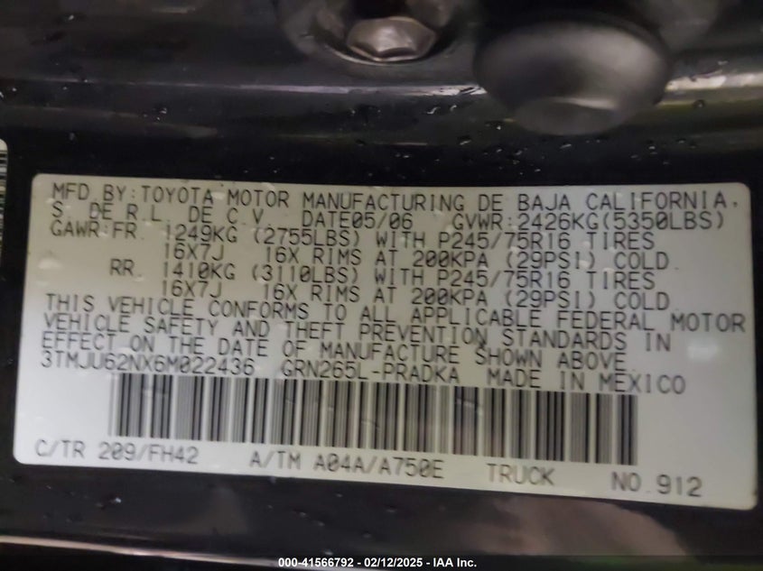 2006 TOYOTA TACOMA VIN: 3TMJU62NX6M022436