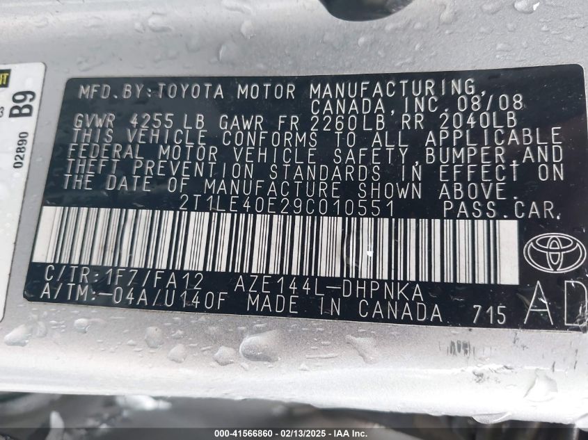 2009 Toyota Matrix S VIN: 2T1LE40E29C010551 Lot: 41566860