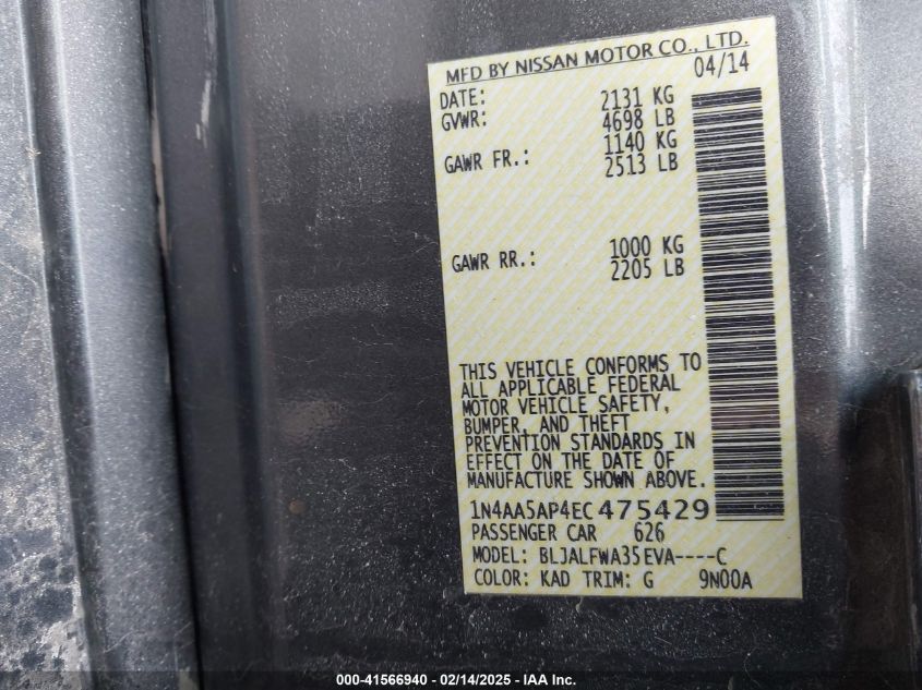 2014 Nissan Maxima 3.5 Sv VIN: 1N4AA5AP4EC475429 Lot: 41566940