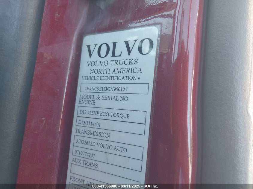 2016 Volvo Vn Vnl VIN: 4V4NC9EH3GN95012 Lot: 41566986