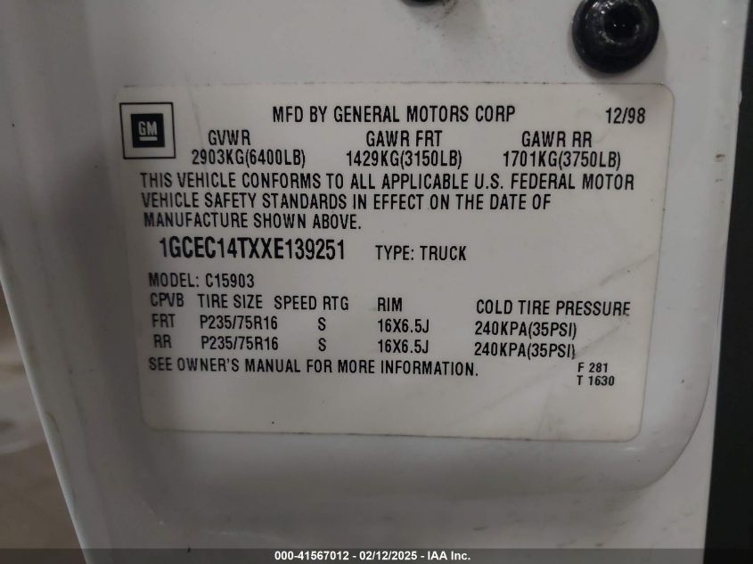1999 Chevrolet Silverado 1500 Ls VIN: 1GCEC14TXXE139251 Lot: 41567012