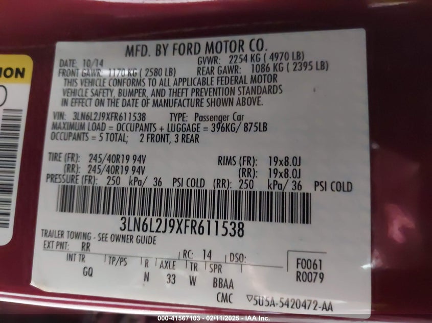 2015 LINCOLN MKZ VIN: 3LN6L2J9XFR611538