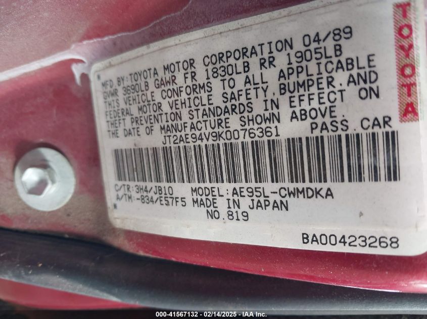 1989 Toyota Corolla VIN: JT2AE94B9K0076361 Lot: 41567132