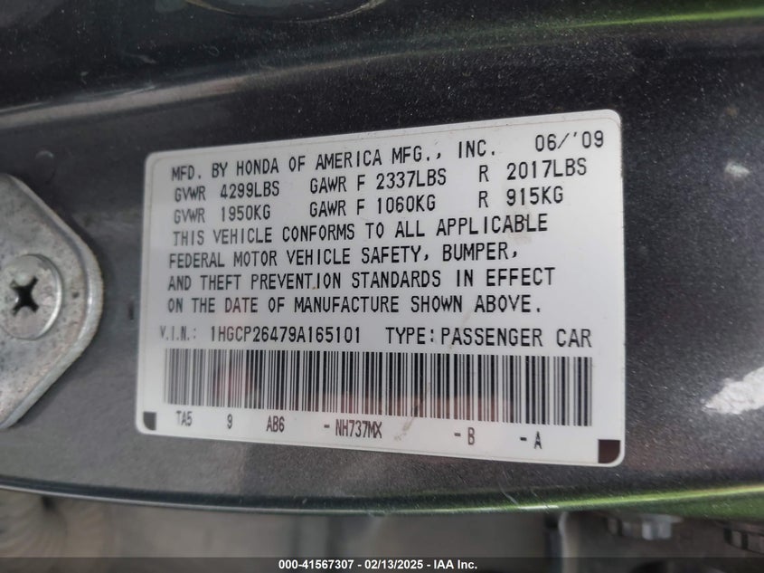 2009 HONDA ACCORD VIN: 1HGCP26479A165101