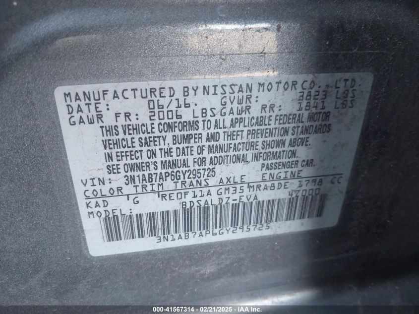 2016 Nissan Sentra Sv VIN: 3N1AB7AP6GY295725 Lot: 41567314