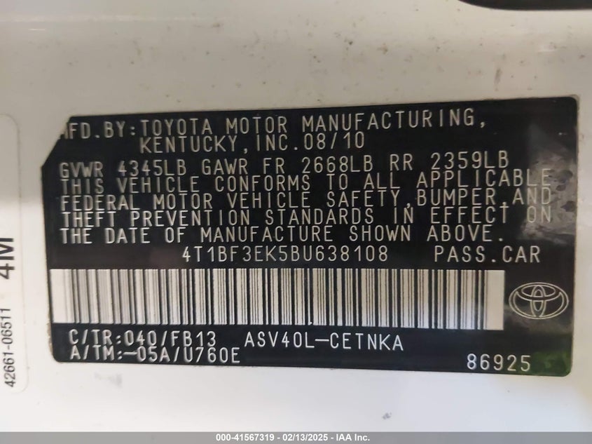 2011 TOYOTA CAMRY VIN: 4T1BF3EK5BU638108