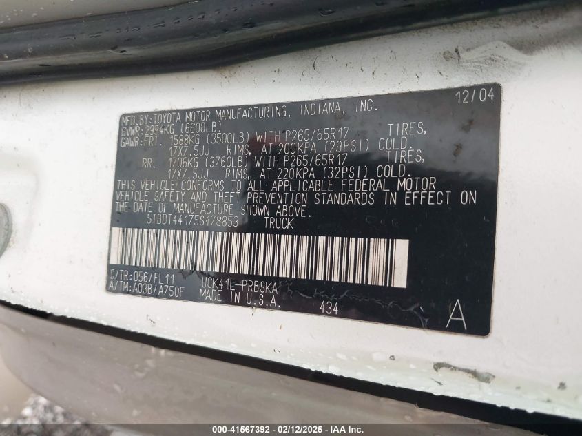 2005 Toyota Tundra Sr5 V8 VIN: 5TBDT44175F478853 Lot: 41567392