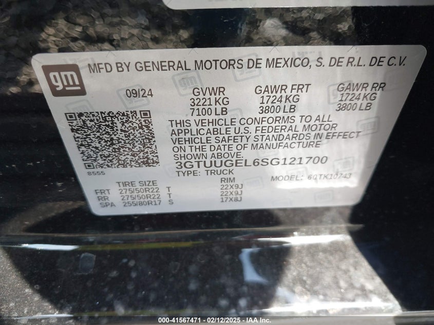 2025 GMC SIERRA 1500 VIN: 3GTUUGEL6SG121700