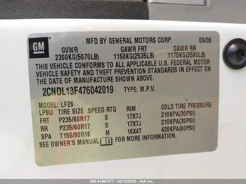 2007 Chevrolet Equinox Ls VIN: 2CNDL13F476042019 Lot: 41567477