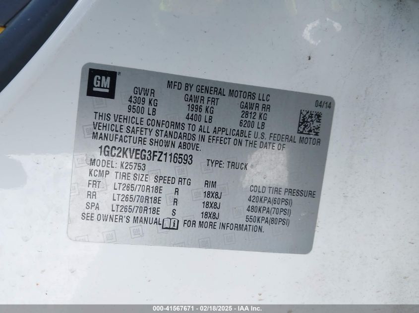 2015 Chevrolet Silverado 2500Hd Lt VIN: 1GC2KVEG3FZ116593 Lot: 41567671