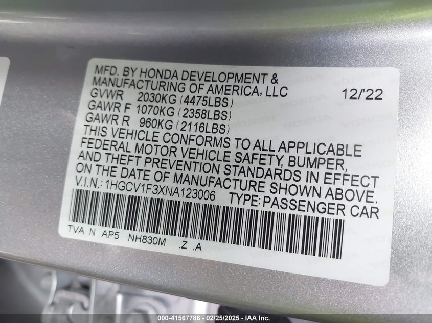 2022 HONDA ACCORD VIN: 1HGCV1F3XNA123006