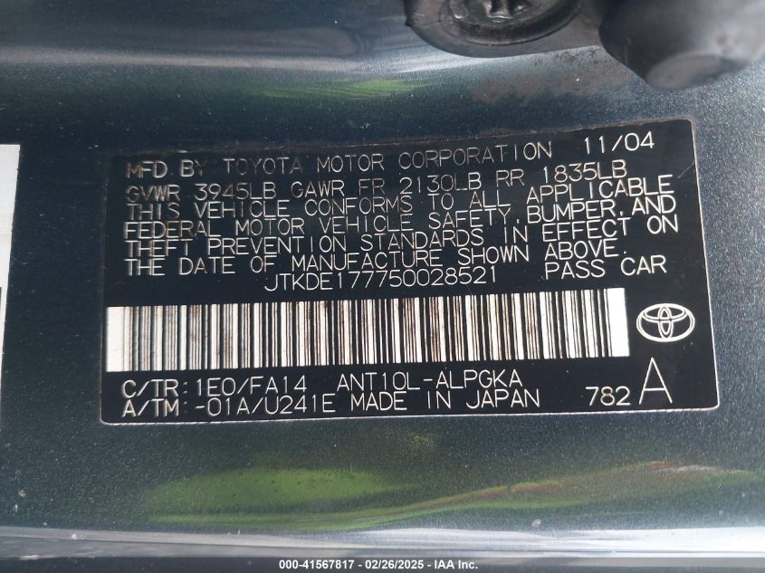 2005 Scion Tc VIN: JTKDE177750028521 Lot: 41567817