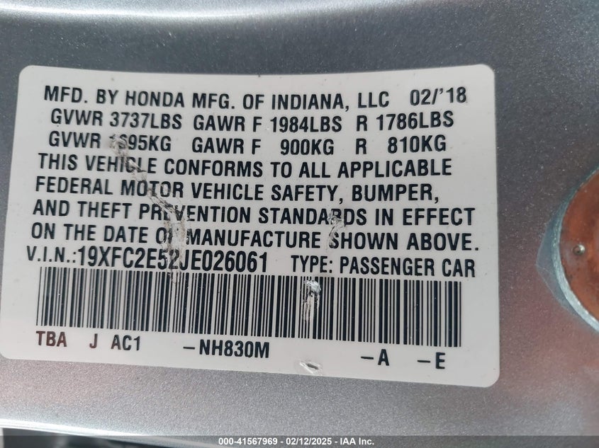 2018 HONDA CIVIC VIN: 19XFC2E52JE026061