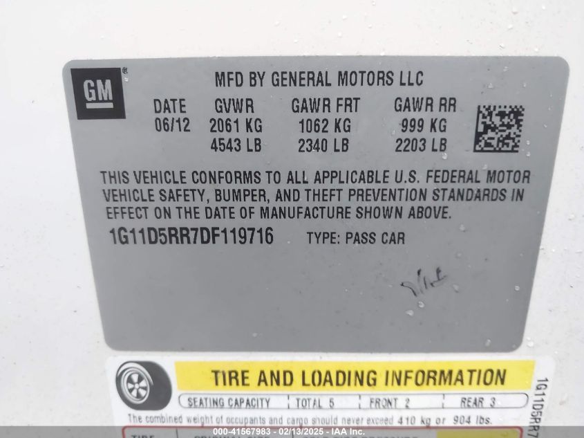 2013 Chevrolet Malibu Eco VIN: 1G11D5RR7DF119716 Lot: 41567983