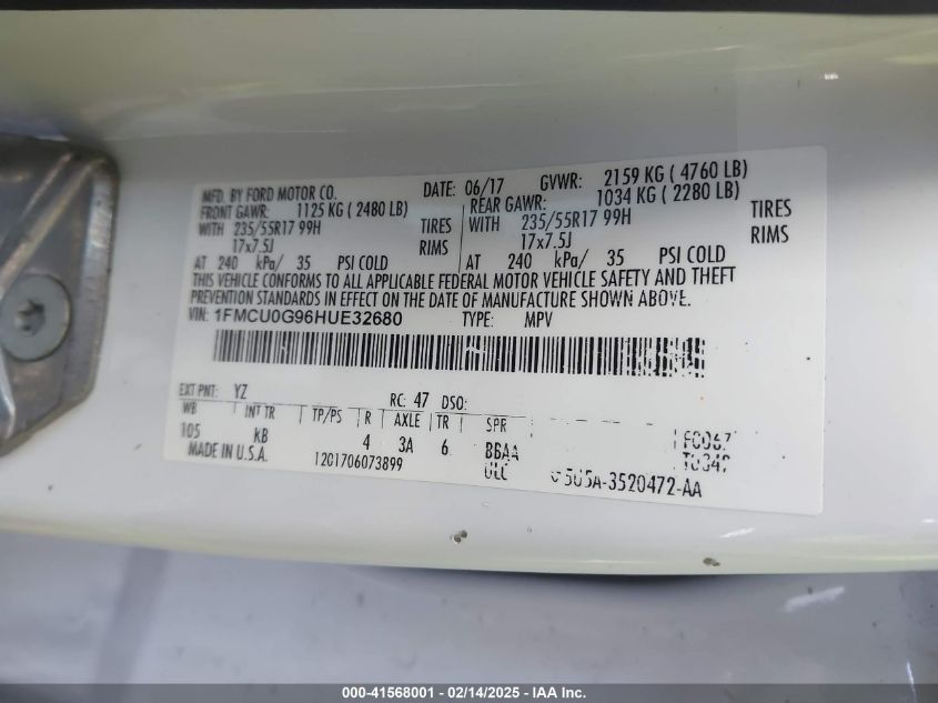 2017 Ford Escape Se VIN: 1FMCU0G96HUE32680 Lot: 41568001