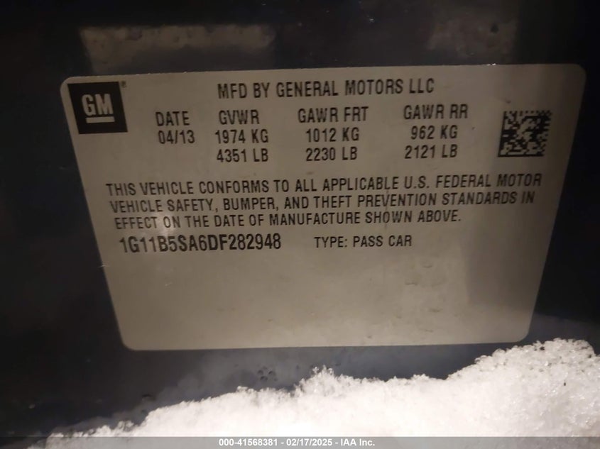 2013 Chevrolet Malibu 1Ls VIN: 1G11B5SA6DF829488 Lot: 41568381