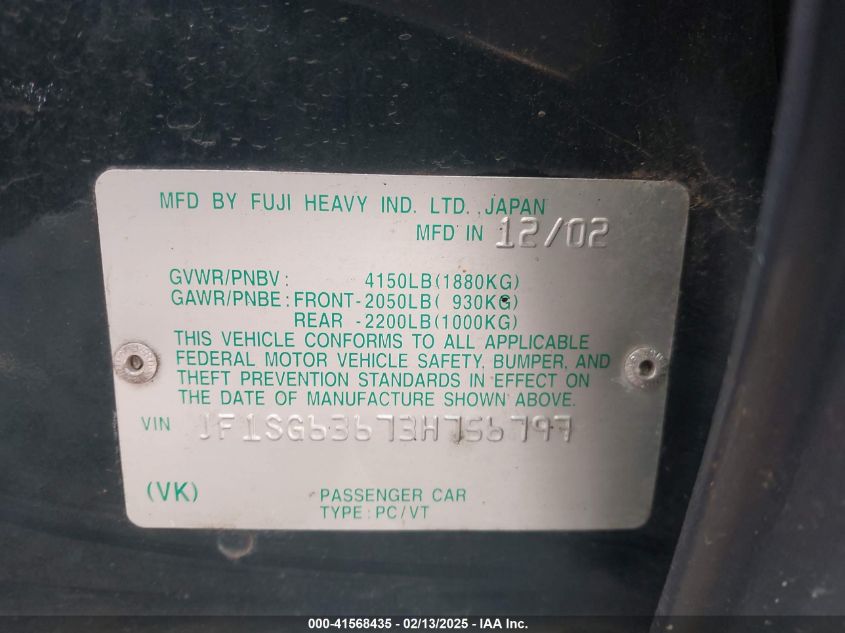 2003 Subaru Forester X VIN: JF1SG63673H756797 Lot: 41568435