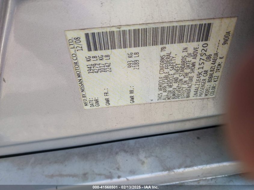 2009 Nissan Altima 2.5 S VIN: 1N4AL21E49C157520 Lot: 41568501