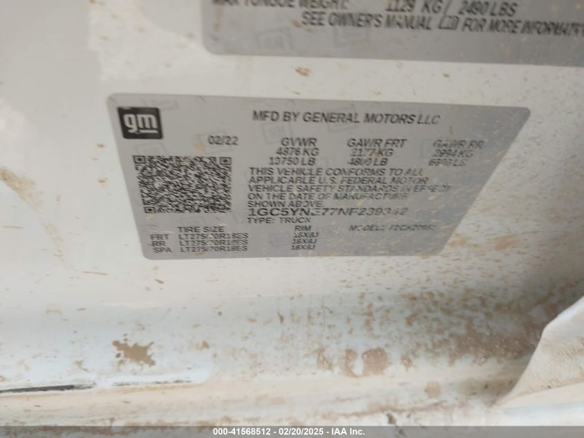 2022 Chevrolet Silverado 2500Hd 4Wd Double Cab Long Bed Lt VIN: 1GC5YNE77NF239342 Lot: 41568512