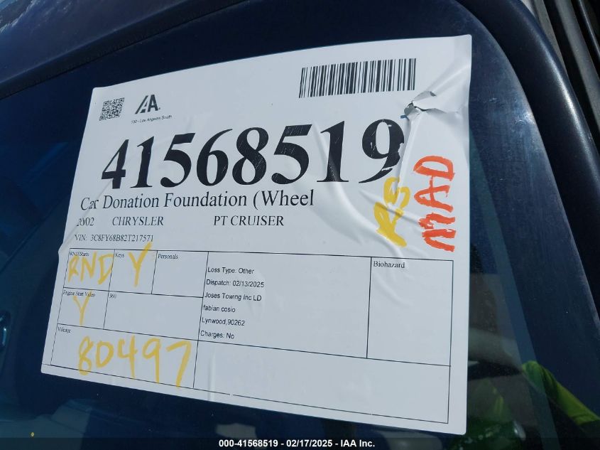 2002 Chrysler Pt Cruiser Limited VIN: 3C8FY68B82T217571 Lot: 41568519