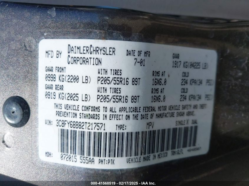 2002 Chrysler Pt Cruiser Limited VIN: 3C8FY68B82T217571 Lot: 41568519