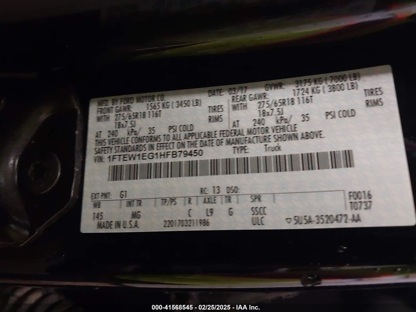 2017 FORD F-150 VIN: 1FTEW1EG1HFB79450