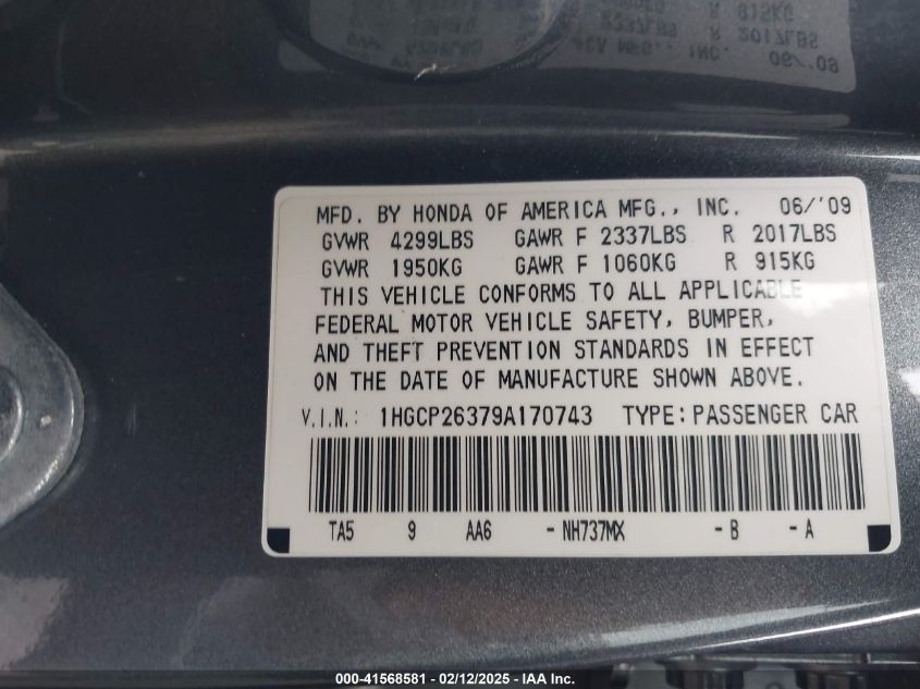 2009 Honda Accord 2.4 Lx VIN: 1HGCP26379A170743 Lot: 41568581
