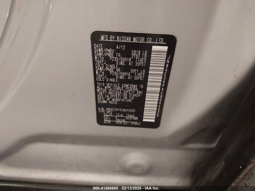 2012 Nissan Quest Le VIN: JN8AE2KP4C9044020 Lot: 41568600