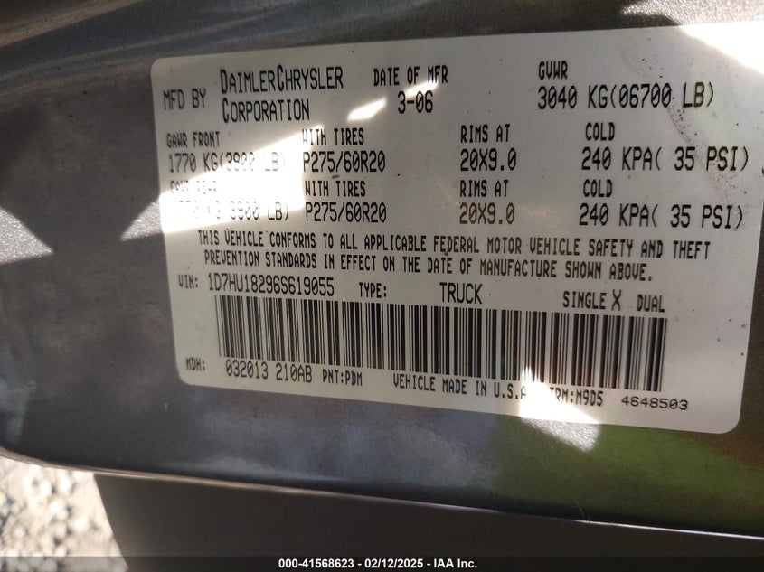 2006 DODGE RAM 1500 VIN: 1D7HU18296S619055