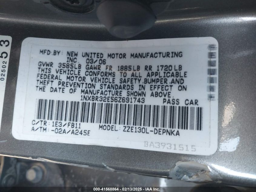 2006 Toyota Corolla Le VIN: 1NXBR32E56Z691743 Lot: 41568864