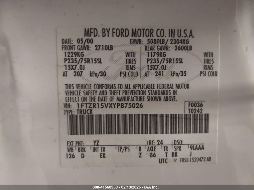 2000 Ford Ranger Xl/Xlt VIN: 1FTZR15VXYPB75026 Lot: 41568960