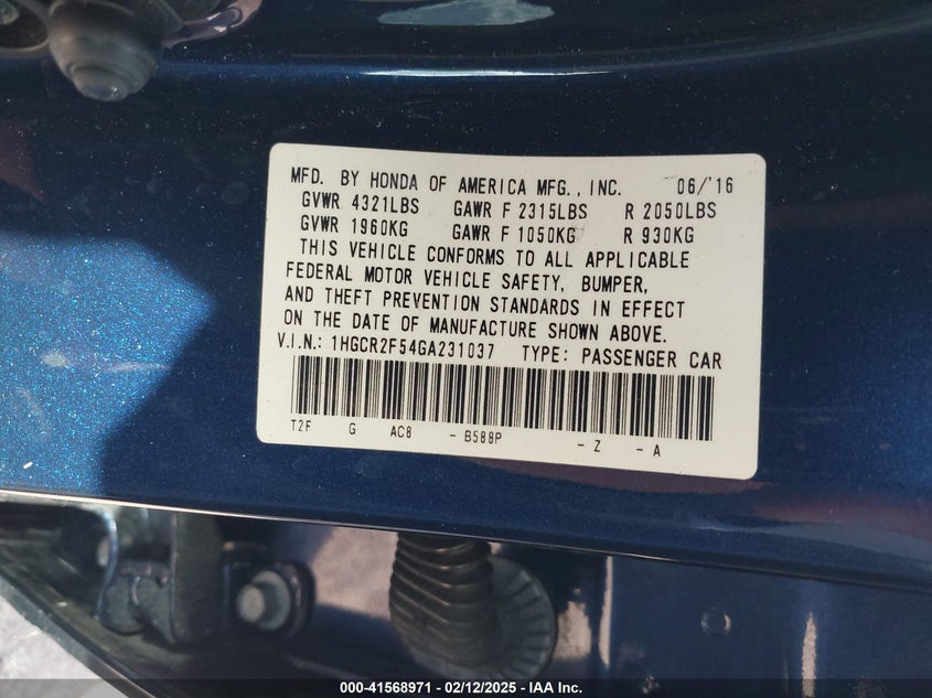 2016 HONDA ACCORD VIN: 1HGCR2F54GA231037