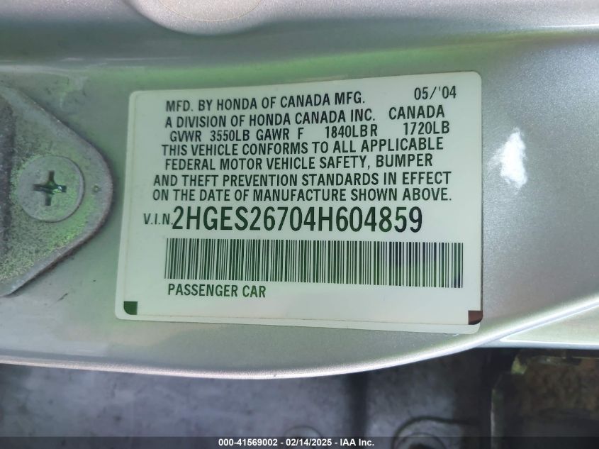 2004 Honda Civic Ex VIN: 2HGES26704H604859 Lot: 41569002