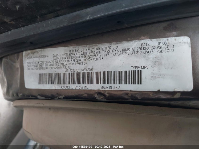 2008 Subaru Outback 2.5I/2.5I L.l. Bean Edition VIN: 4S4BP61C187352700 Lot: 41569109