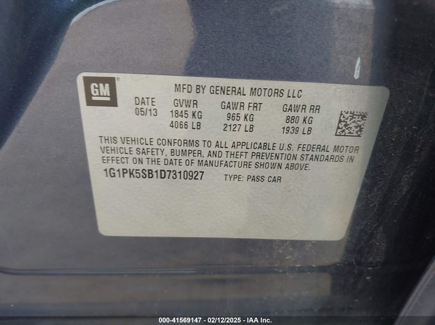2013 CHEVROLET CRUZE VIN: 1G1PK5SB1D7310927