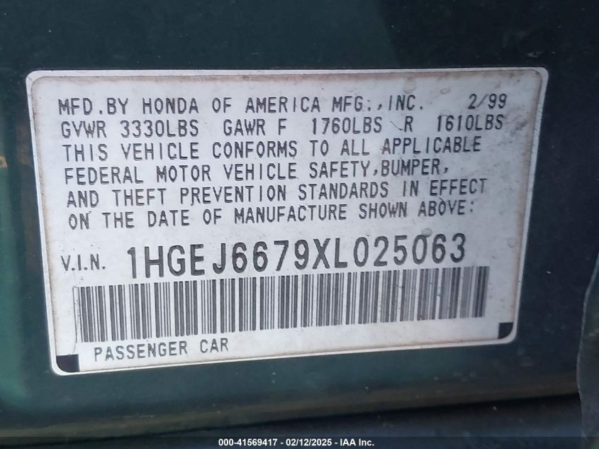 1999 Honda Civic Lx VIN: 1HGEJ6679XL025063 Lot: 41569417