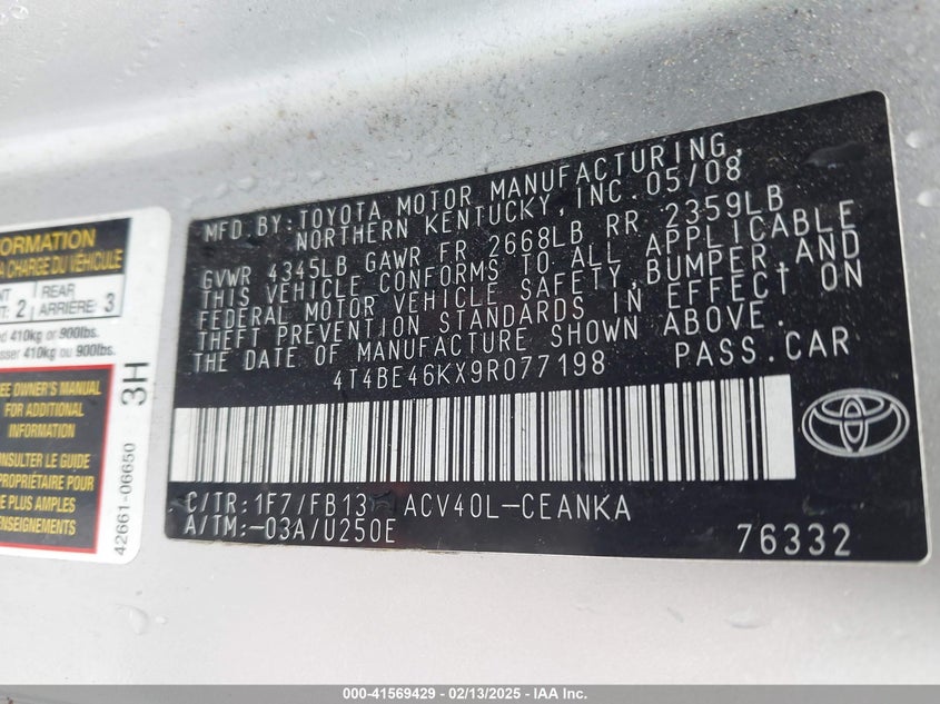 2009 TOYOTA CAMRY VIN: 4T4BE46KX9R077198