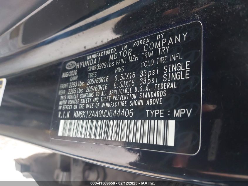 2021 Hyundai Kona Se VIN: KM8K12AA9MU644406 Lot: 41569658