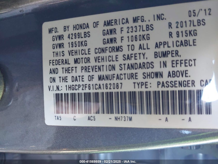 2012 HONDA ACCORD VIN: 1HGCP2F61CA162087