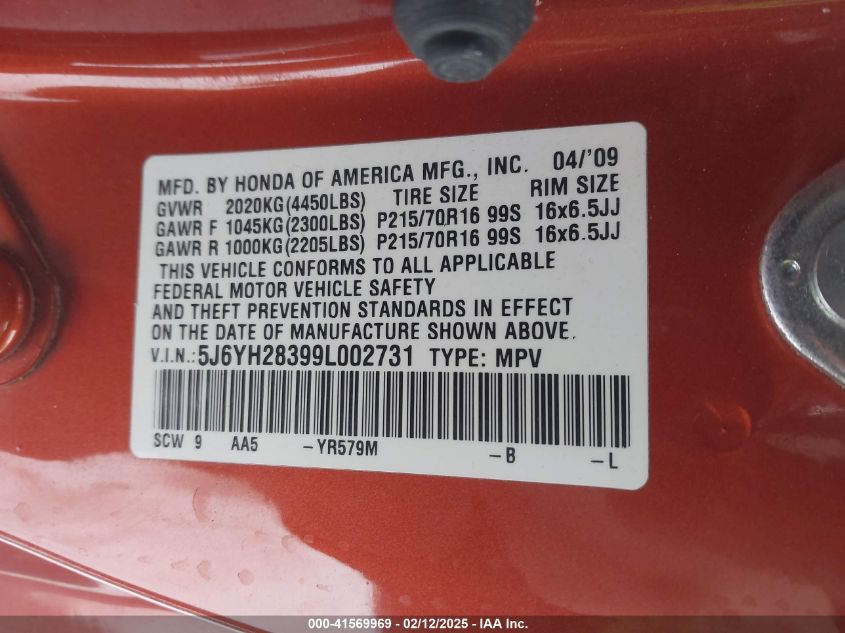 2009 Honda Element Lx VIN: 5J6YH28399L002731 Lot: 41569969