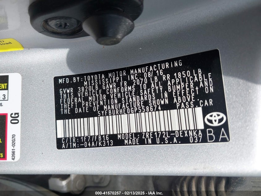2016 TOYOTA COROLLA VIN: 5YFBURHE0GP558674