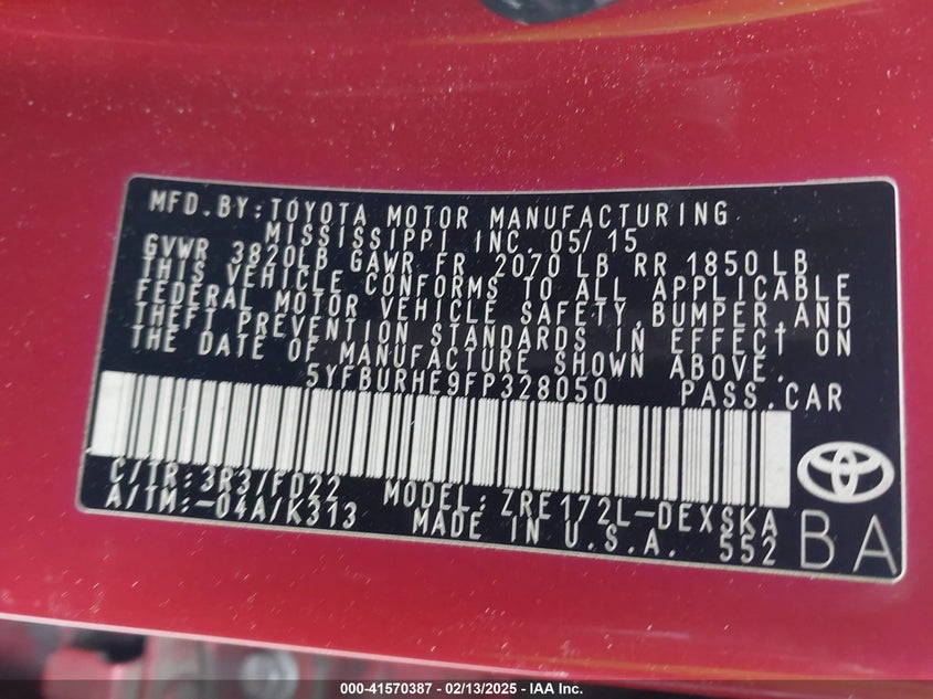 2015 TOYOTA COROLLA VIN: 5YFBURHE9FP328050