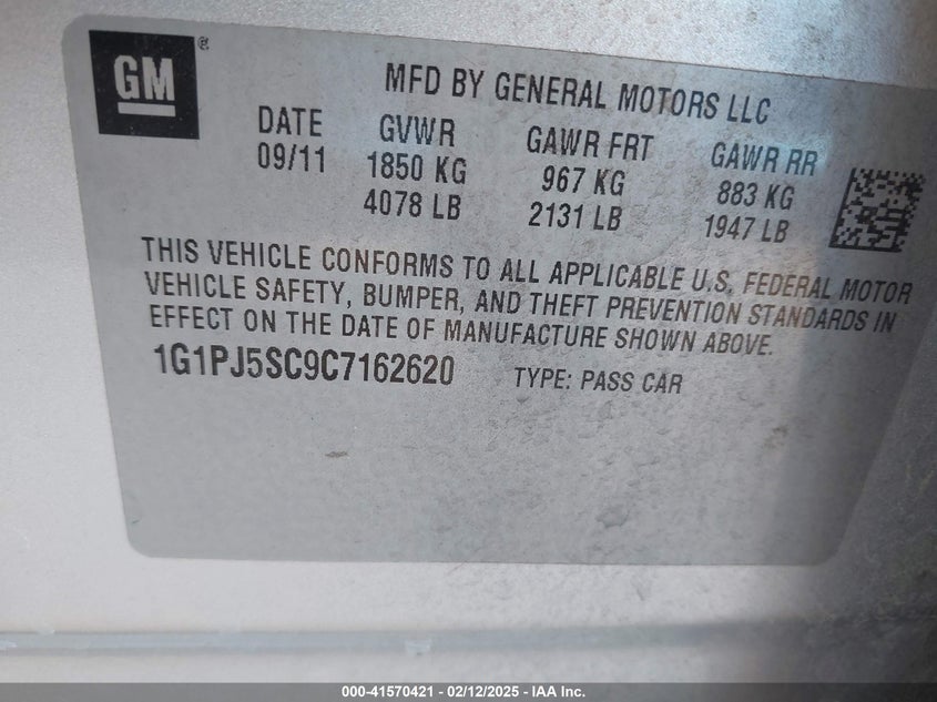 2012 CHEVROLET CRUZE VIN: 1G1PJ5SC9C7162620